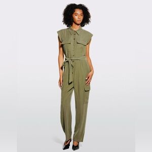 Women Monteau Los Angeles olive green short-sleeve cargo jumpsuit